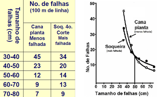 Relação encontrada entre tamanho e quantidade de falhas em canaviais com diferentes produtividades.