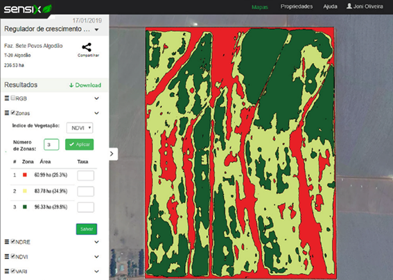 lataforma Fieldscan gerando zonas para aplicação a taxa variável de fitorreguladores em lavoura de algodão. Fonte: Banco de imagens Sensix.  