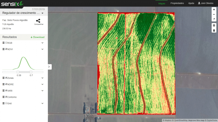 Figura 1 – Índice Vegetativo NDVI na plataforma FieldScan obtido a partir de sensor multiespectral embarcado em drone.