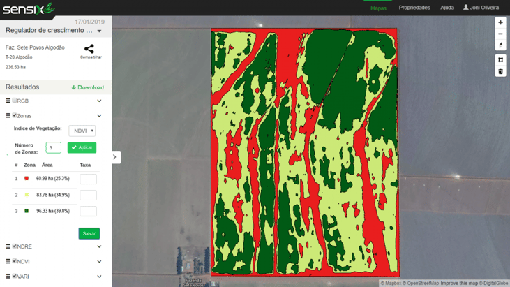 Figura 4 – Zonas de classificação utilizando o NDVI configurado para 3 níveis na plataforma FieldScan obtido a partir de sensor multiespectral embarcado em drone.