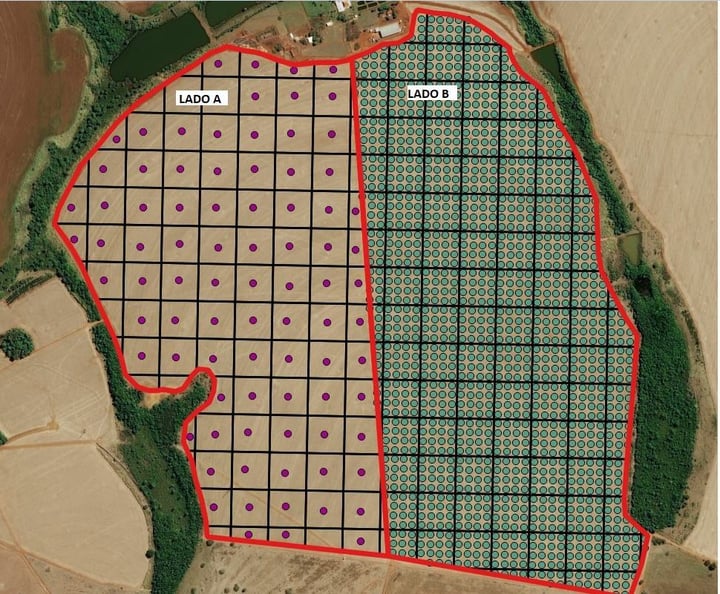 Alocação de Pontos de amostragem. Lado A com pontos centrais de cada gleba e Lado B com mais pontos por gleba.