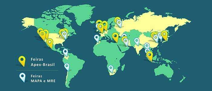 Participação brasileira com o apoio da Apex, do MAPA e do MRE em feiras internacionais. Fonte: Sistema Ocepar.